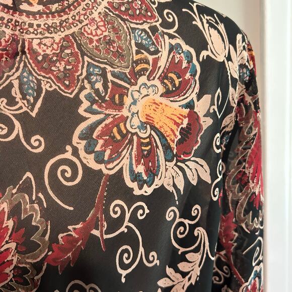 Bandolino Crochet SZ 14 Top Black Flower Tunic Boho Y2K Long Sleeve Pleated - Picture 7 of 10